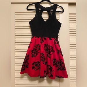 Crystal Doll Red and Black Floral Homecoming Dress